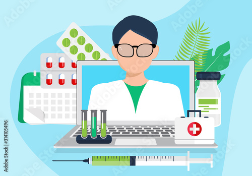 Doctor appointment vector. Online medical consultation or laboratory. Remote diagnostics or virtual healthcare internet technologies. Emergency, paramedics calling