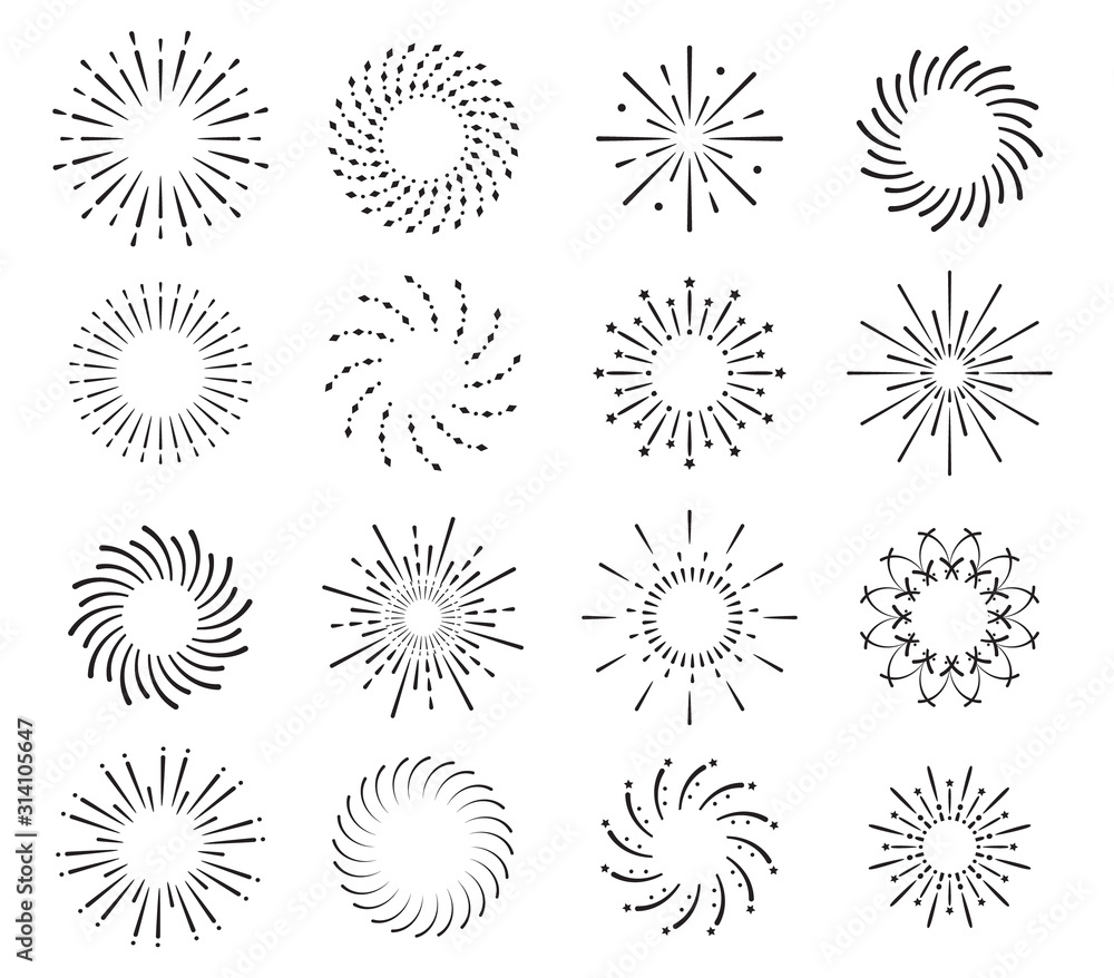 Obraz premium Starburst, firework shadow icons vector. Radiating from center of straight and spiral beams, lines. Set of simple elements for logo