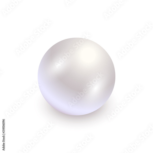 Realistic white pearl with shadow isolated on white background. Shiny oyster pearl for luxury accessories. Sphere shiny sea pearl. Beautiful natural white pearl. Shiny 3D jewel with light effects