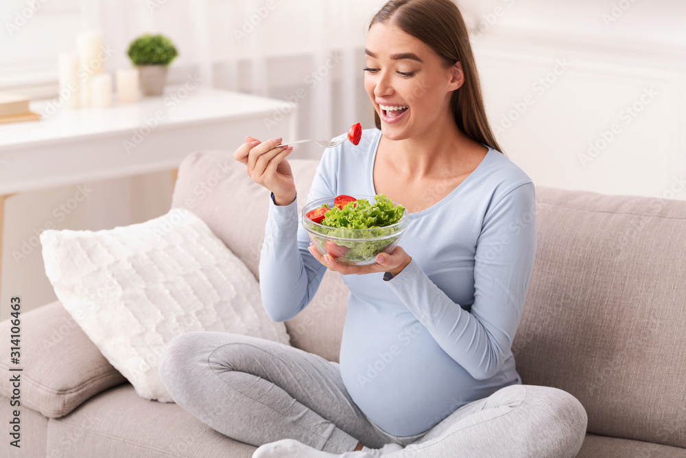 Pregnant Woman Eating Vegetable Salad Sitting On Couch At Home