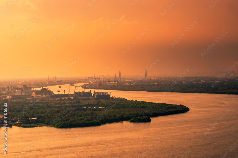 High angle view of the Chao Phraya River importance transportation of Bangkok, Thailand