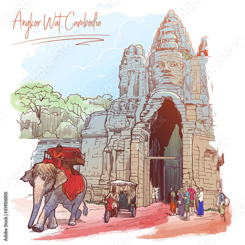 Buddha Gates in Angkor Wat, Cambodia. Painted sketch. Vintage design. Travel sketchbook drawing. EPS10 vector