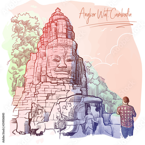 Buddha Temple in Angkor Wat, Cambodia. Painted sketch. Vintage design. Travel sketchbook drawing. EPS10 vector
