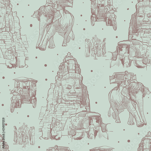 Exploring Angkor Wat on an Elephant back, tuk-tuk or by foot. Linear sketch seamless pattern. Vintage design. EPS10 vector