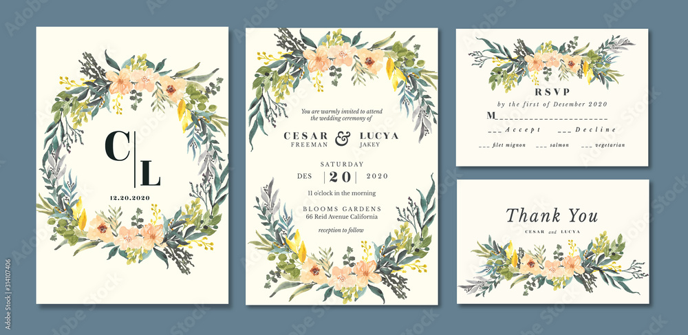 wedding invitation with beautiful floral watercolor