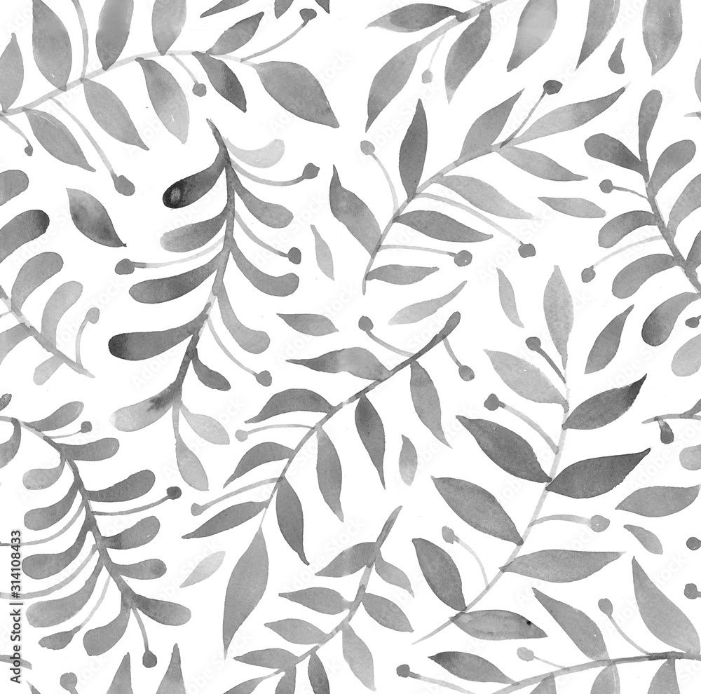 Watercolor seamless pattern with leaves and twigs, hand-drawn. Grey plants on a white background. Design for fabric, wallpaper, napkins, textiles, packaging, backgrounds. Delicate and stylish. Watercolor seamless pattern with leaves and twigs, hand-drawn. Grey plants on a white background. Design for fabric, wallpaper, napkins, textiles, packaging, backgrounds. Delicate and stylish.
