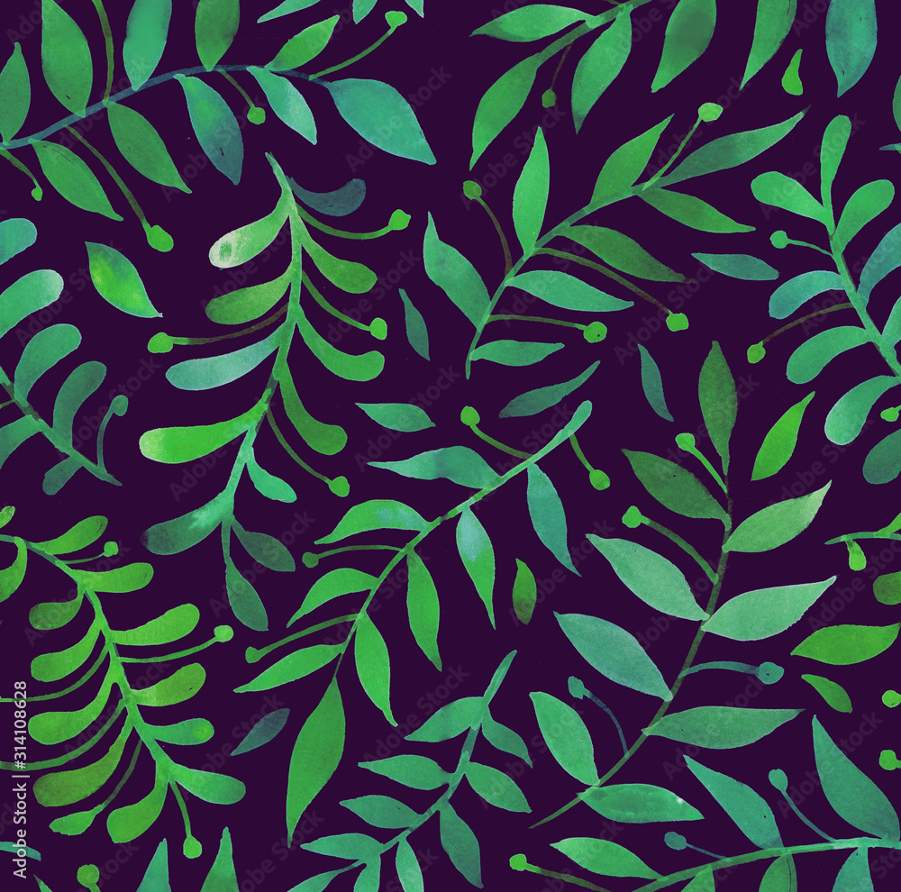 Watercolor seamless pattern with leaves and twigs, hand-drawn. Green plants on a black background. Design for fabric, wallpaper, napkins, textiles, packaging, backgrounds. Delicate and stylish. Watercolor seamless pattern with leaves and twigs, hand-drawn. Green plants on a black background. Design for fabric, wallpaper, napkins, textiles, packaging, backgrounds. Delicate and stylish.