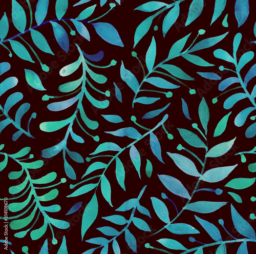 Watercolor seamless pattern with leaves and twigs, hand-drawn. Blue plants on a black background. Design for fabric, wallpaper, napkins, textiles, packaging, backgrounds. Delicate and stylish.