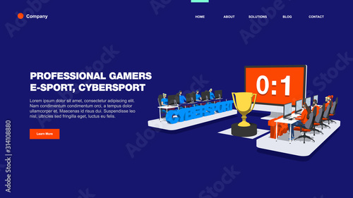 The professional cybersport tournament for the golden cup on the dark blue background. rivalry between two teams, an unequal score 