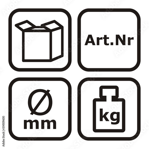 Set of icon, box, article number, diameter, kilograme, vector icons