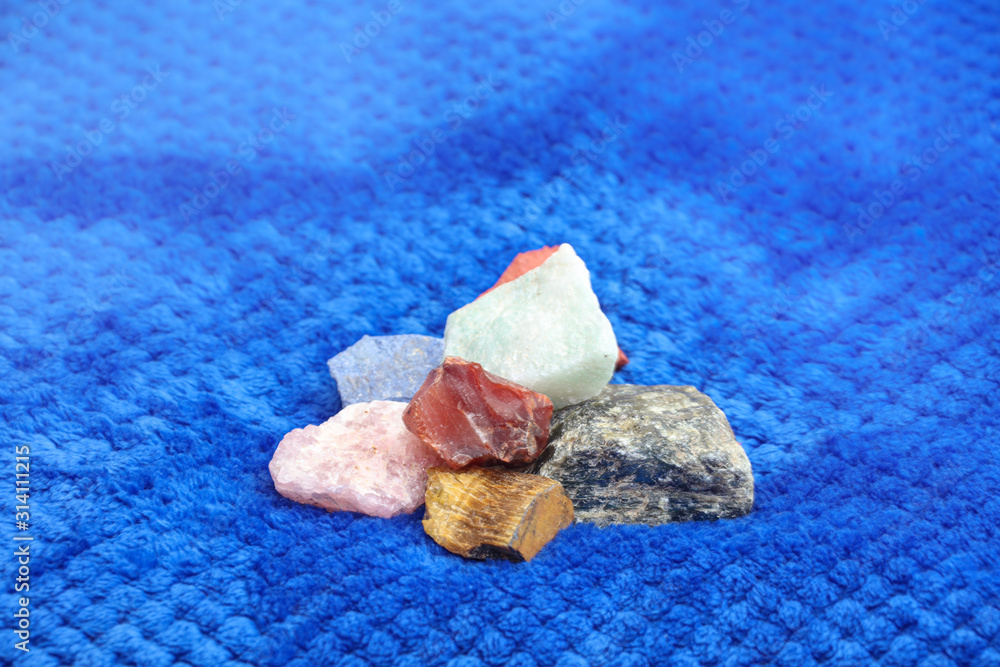 healing crystals on the blue background