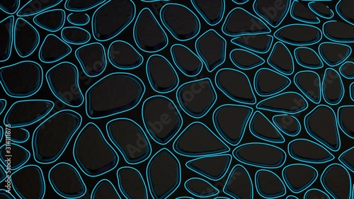 smooth motion of abstract shapes with neon backlight. dark spots reshaping form. looped animation of abstract dark background with blue light lines. 4k resolution.