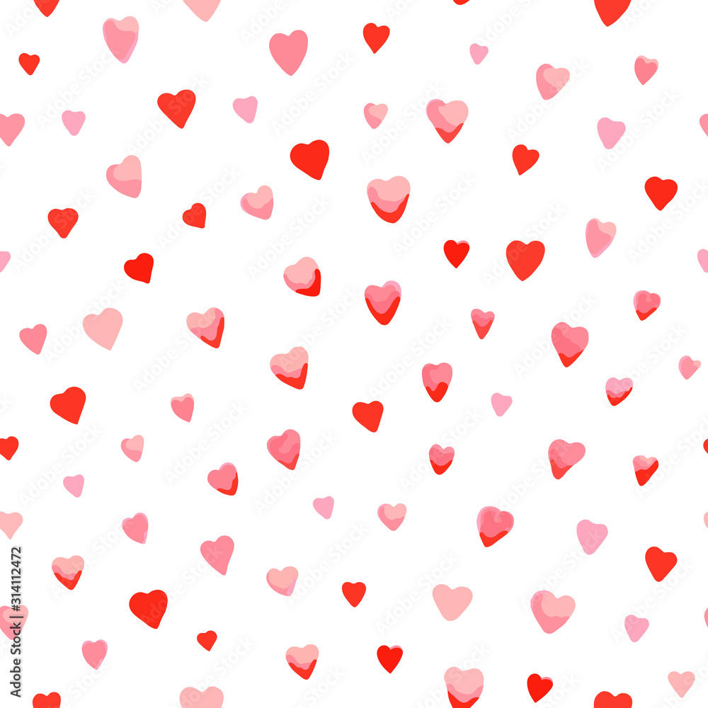 Seamless pattern with cute red and pink hearts on white background.