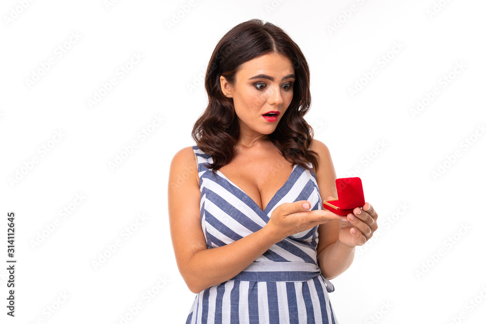 Beautiful caucasian woman is wondered and acceps marriage proposal, picture isolated on white background Beautiful caucasian woman is wondered and acceps marriage proposal, picture isolated on white background
