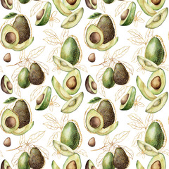 Acrylglasbilder Avocadomuster Sommerliches Aquarell Avocado Muster Goldgelb  © yuliya_derbisheva