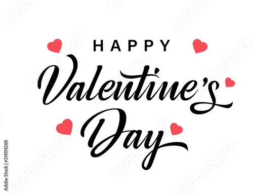 Lettering Happy Valentines Day banner black. Valentines Day greeting card template with typography text happy valentine`s day and pink hearts on background. Vector illustration for sale discount