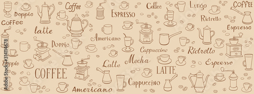 Coffee seamless pattern. Linear drawings of cups, coffee pots and coffee grinders. Lettering latte, espresso, ristretto and americano. Ornament for wrappers, menus, wallpapers and cuisine