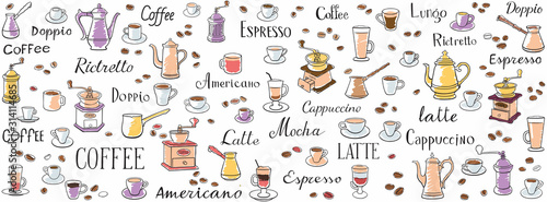 Coffee seamless pattern. Color drawings of cups, coffee pots and coffee grinders. Lettering latte, espresso, ristretto and americano. Ornament for wrappers, menus, wallpapers and cuisine