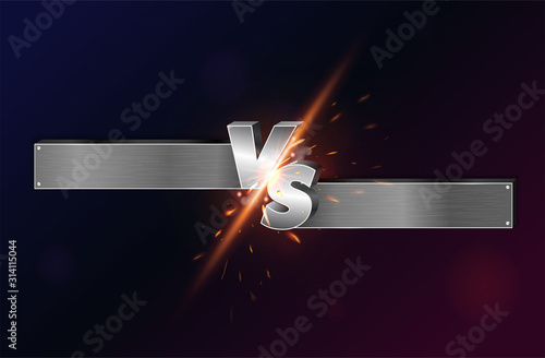 Metallic silver VS background design with fiery explosive sparks with 3d lettering over a black background with copy space, vector illustration