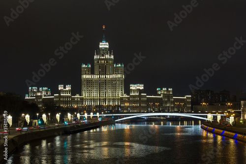 A night view of soviet high-rise building in Moscow