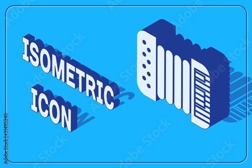 Isometric Musical instrument accordion icon isolated on blue background. Classical bayan, harmonic. Vector Illustration