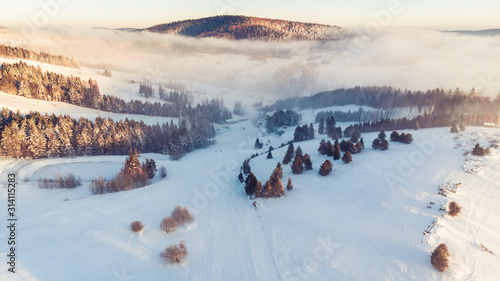 Aerial Panoramic View Over Valley in Winter Season. Slotwiny near Krynica in Poland