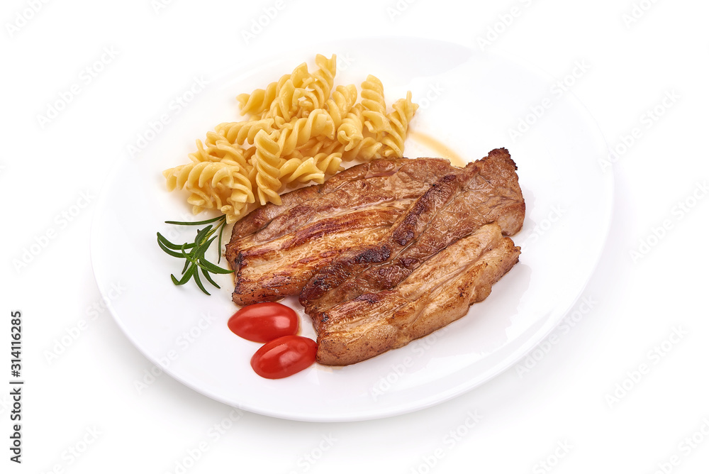 Roasted pork bacon, isolated on white background Roasted pork bacon, isolated on white background