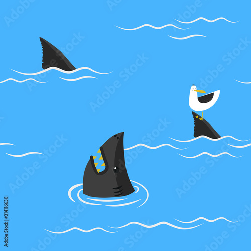 Gull and sharks seamless pattern. Seagull sitting on the fin of a shark. Vector background.
