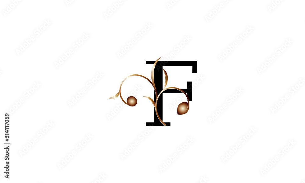 Elegant letter F in black with a botanical metallic element. Vector logo design. Alphabet label sign for brand and identity. Elegant letter F in black with a botanical metallic element. Vector logo design. Alphabet label sign for brand and identity.
