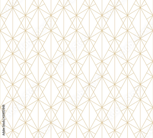 Gold pattern. Vector geometric lines seamless texture. Golden ornament with delicate grid, lattice, net, hexagons, triangles, rhombuses, thin cross lines. Luxury abstract repeatable graphic background