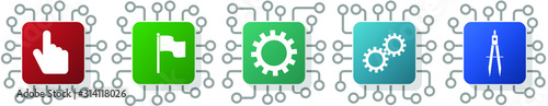 Set of hand, flag, cogwheel and compass icons for webdesign and mobile applications, cpu, chip concept vector illustration