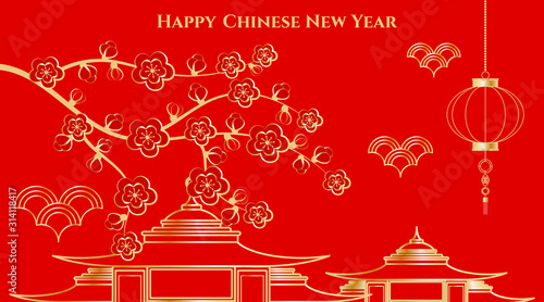 Happy chinese new year. Architecture and sakura branch and lanterns. Red and golden asian elements in craft style on red background. Vector illustration