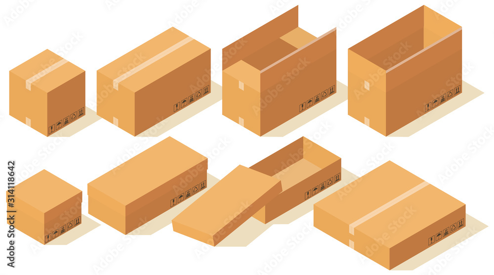 Set of isometric cardboard boxes. Realistic open and closed packaging in different sizes. Images with postage stamps. Isolated on white background. Vector illustration. Set of isometric cardboard boxes. Realistic open and closed packaging in different sizes. Images with postage stamps. Isolated on white background. Vector illustration.