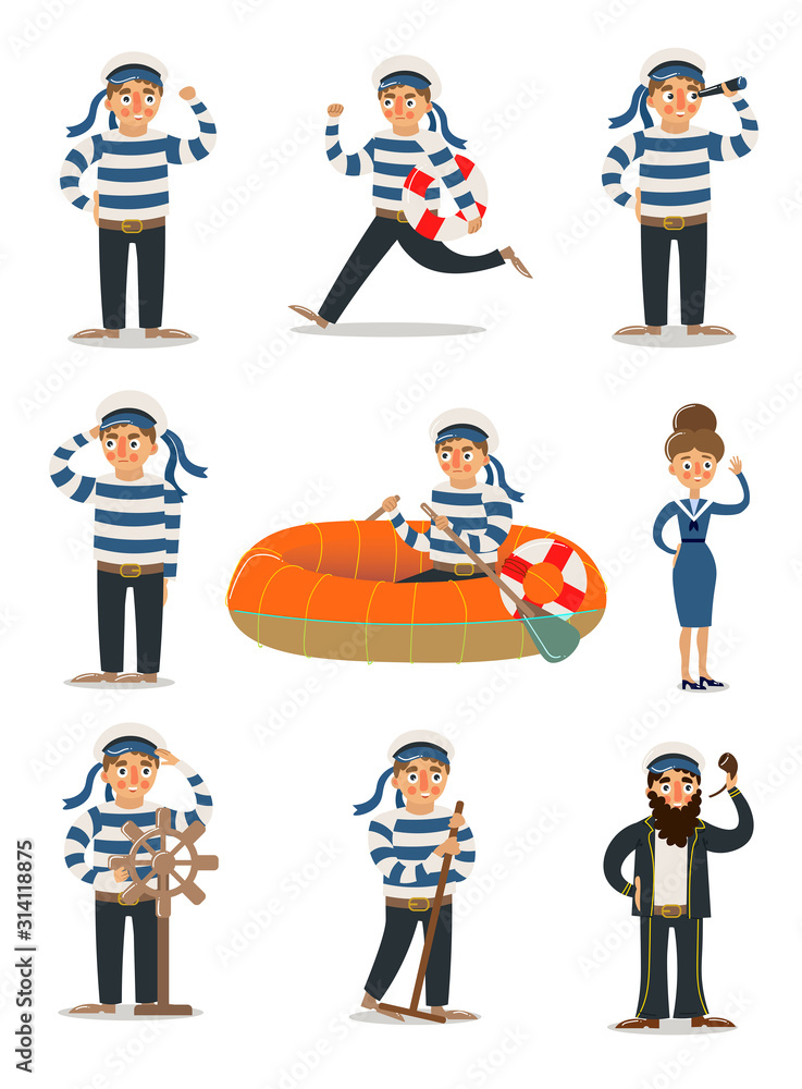 Men and women sailors in traditional striped uniform vector illustration Men and women sailors in traditional striped uniform vector illustration