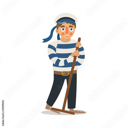 Man sailor standing and scrubbing deck with mop vector illustration