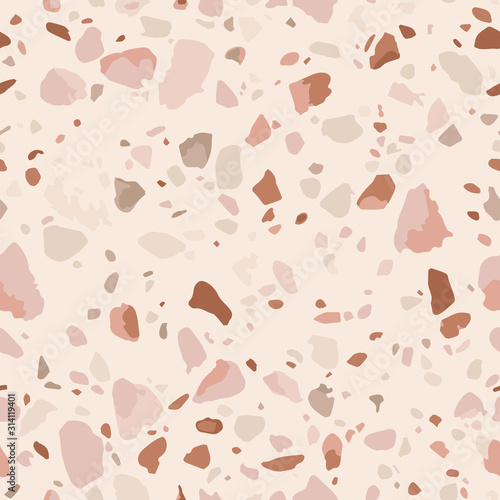 Terrazzo flooring seamless texture. Realistic vector pattern of mosaic floor with natural stones, granite, marble, quartz. Classic Italian floor surface. Design in soft pastel colors, pink, beige