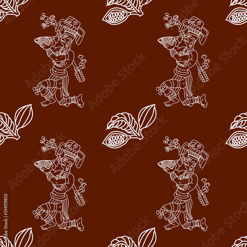 Aztec cacao seamless pattern design. Line art style. Vector illustration.