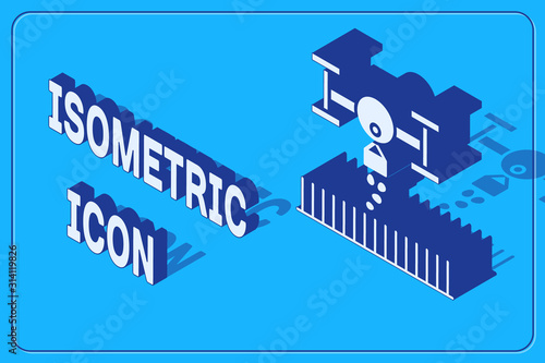 Isometric Smart farm with drone control for seed planting icon isolated on blue background. Innovation technology for agricultural company. Vector Illustration