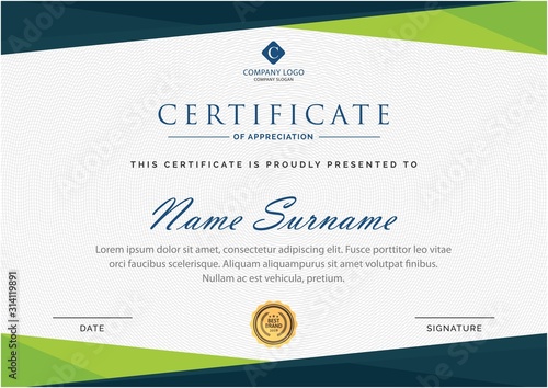 Green and blue Certificate of Appreciation template.Trendy geometric design. Layered eps10 vector.