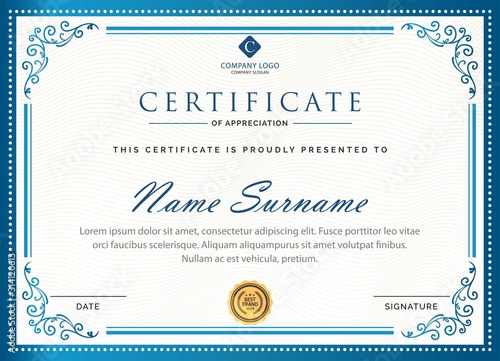 Exclusive new Certificate. Template diploma currency border. Award background Gift voucher. Vector illustration.