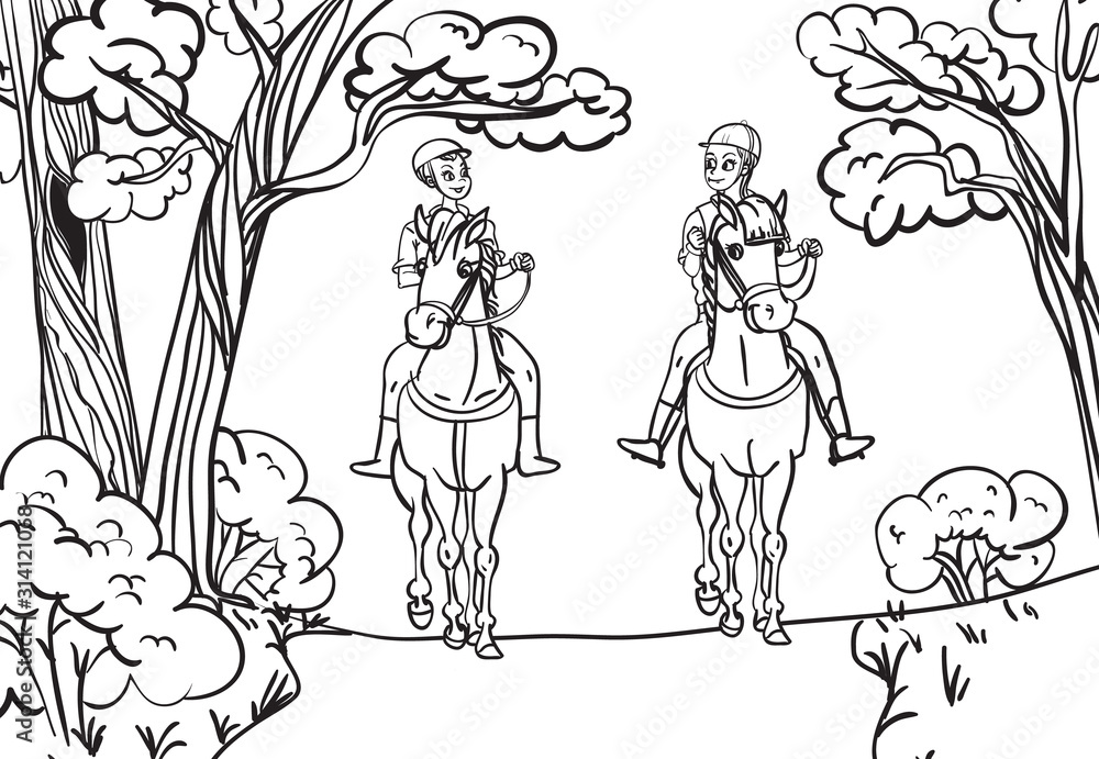 Fototapeta Horse pattern design. Horse with girl rider in cartoon style. Vector illustration.