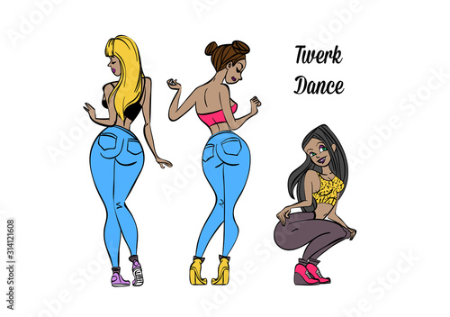 Twerk poster design. Cartoon style girl. Poster for booty dance course or battle. Vector illustration.