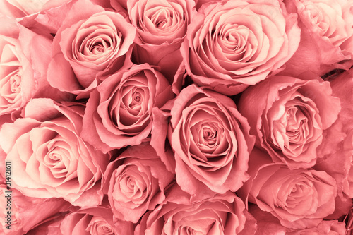 Pink bouquet roses in natural light, top view