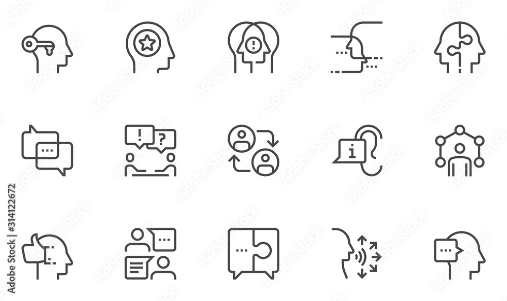 Сommunication Vector Line Icons Set. human communication, personal interaction, dialogue, conversation, discussion. Editable Stroke. 48x48 Pixel Perfect.