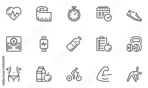 Fitness Vector Line Icons Set. Healthy Lifestyle, Sport, Diet, Workout. Editable stroke. 48x48 Pixel Perfect.