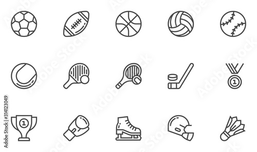 Sport Vector Line Icons Set. Sports equipment, various sports, balls, hockey. Editable Stroke. 48x48 Pixel Perfect.