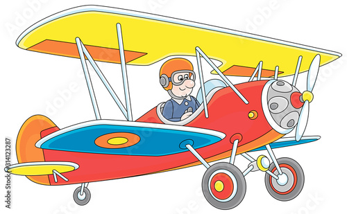 Toy airplane piloting by a funny cartoon aviator, vector illustration on a white background