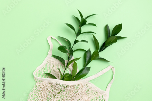 Ruscus branches in reusable shopping bag on green background