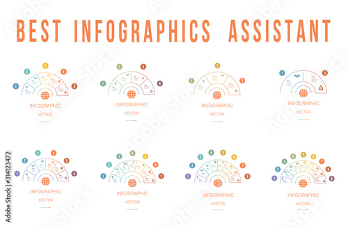 Infographic Templates Colourful Pie Chart Semicircles with text areas on 2,3,4,5,6,7,8,9,10 positions. White Background. Set of business icons. Business Strategy.