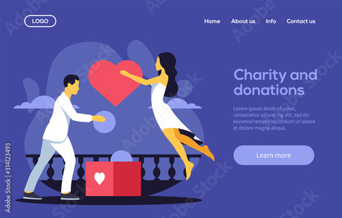 Charity and donations landing page template. Young people make donations. Vector illustration. Flat design concept.